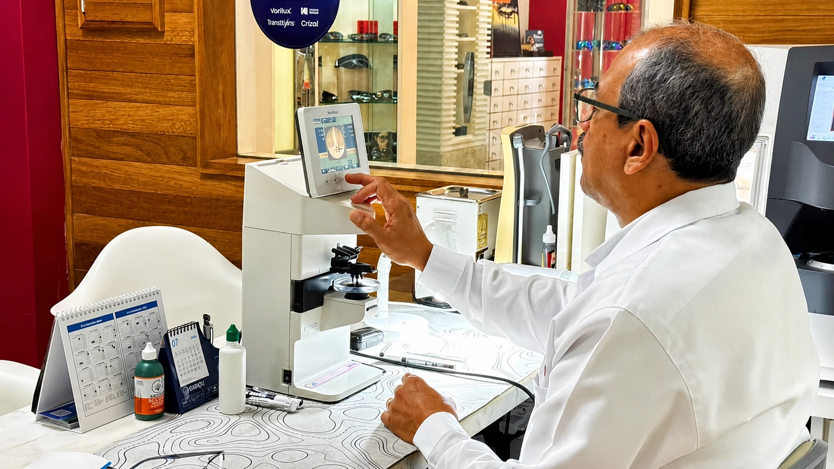 Técnico da Ótica Liberty trabalhando no laboratório